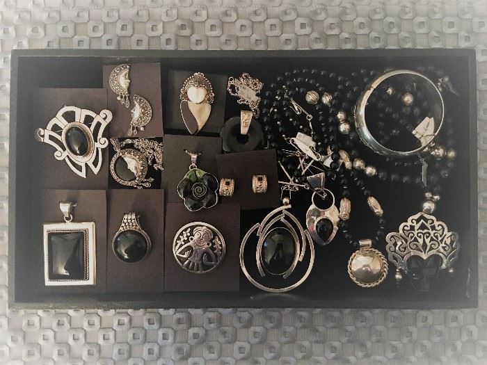 Vintage sterling silver jewelry, most pieces with onyx, all 50% off!