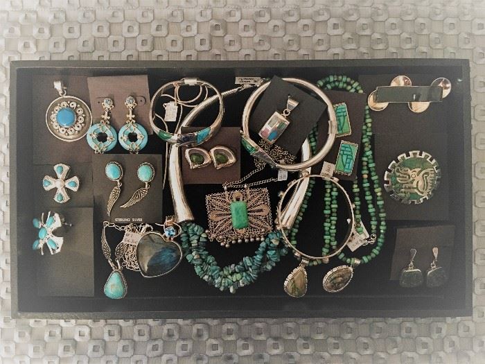 Sterling silver jewelry, a combination of vintage and newer including Native American and designer Sajen, all 50% off!