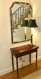 Vintage flip-top table (opens to square). Elegant hall mirror, black and gilt along with matching hallway table lamp.