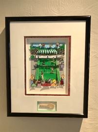 Charles Fazzino "Tennis Love" 1994  3D graphic on acid free paper and board.  Image size: 4.5 x 5.5.  Frame size: 12.75 x 10.5.  Titled and editioned lower left. Edition: 199/475.