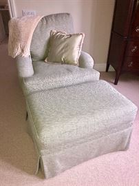 Custom Partners in Design armchair with matching ottoman. Newly upholstered. 