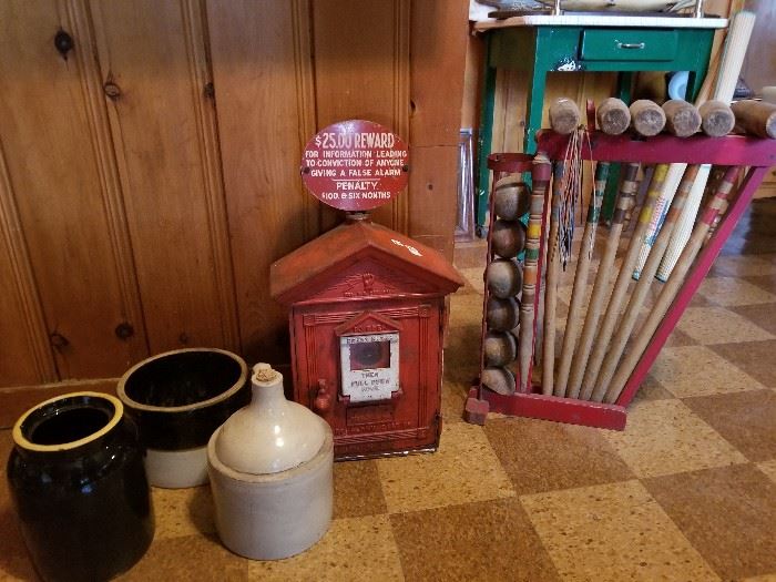 Early croquet sets and vintage Detroit fire call box 
