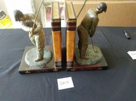 Lg Leather and brass golfer book ends