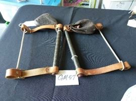 Two antique golf club holders wooden with leather and tea bags possible reproductions