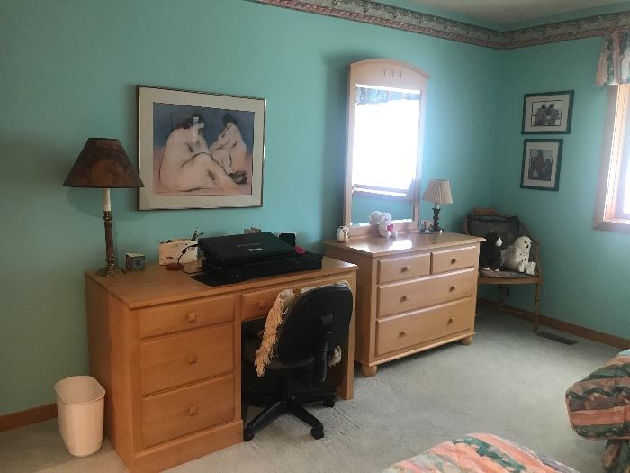 Ethan Allen Desk, Dresser with Mirror, Twin Size Beds and End Table