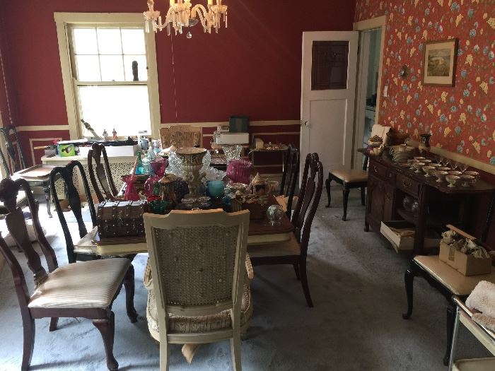 DINNING ROOM TABLE & CHAIRS, FINE CHINA AND TONS OF KITCHEN ITEMS.
