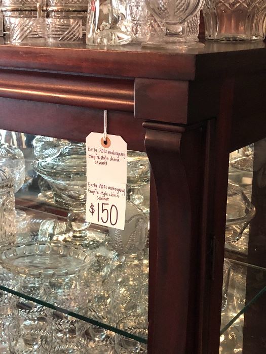 Price tag of china cabinet and top corner detail