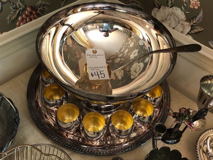 Silver Plated Punch Bowl, 12 cups, tray and ladle 