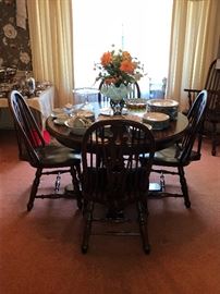 Dark Pine Pedestal Table with Four Windsor Chairs 