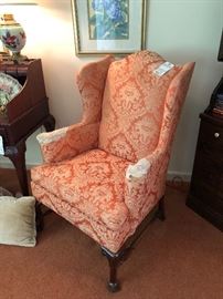 Mecklenburg Furniture Co. Damask Upholstered Wing Back Chairs,  two available  (minor wear to arms) $60 each 