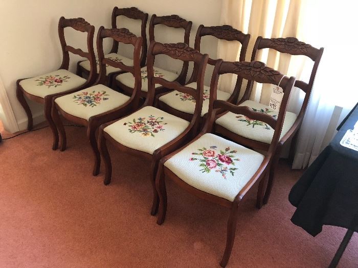 Set of 8 1940's Duncan Phyfe Style Dining Chairs, Rose carved medallion, needlepoint seats  $195 for all 8 