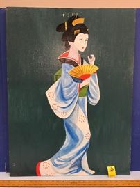 Original Art Acrylic Geisha Girl with Fan "Oriental Splendor" on Wood