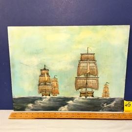 Jim Neuman, Signed on Front, 4 Tall Ships, "Royal Fleet"  Oil on Wood, 
