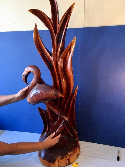 Hand Carved Flamingo Wood Sculpture