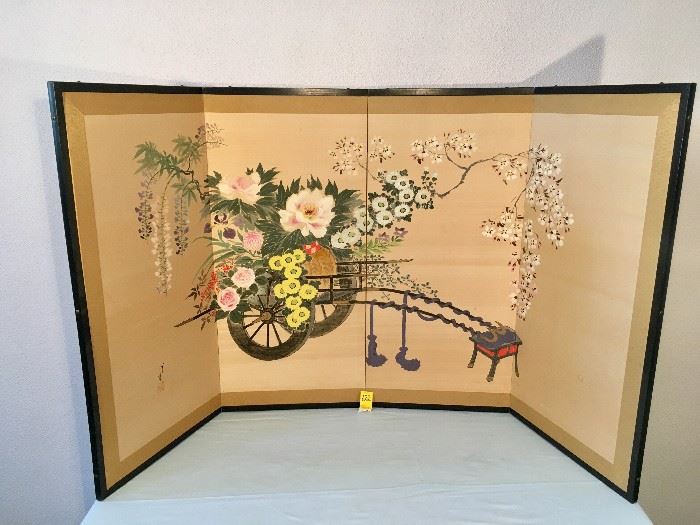Asian Screen Depiciting Wagon Holding Flowers