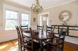 Hitchcock dining table and chairs - note the gorgeous Anthropologie Chandelier - also for sale!