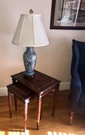 Nesting tables and blue ceramic lamp
