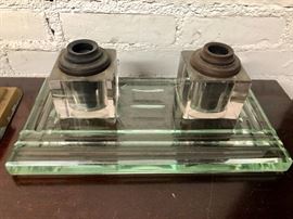 Antique heavy glass double inkwell