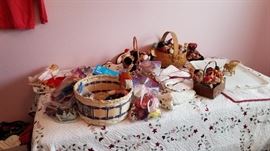 Dolls, fabric, and sewing items