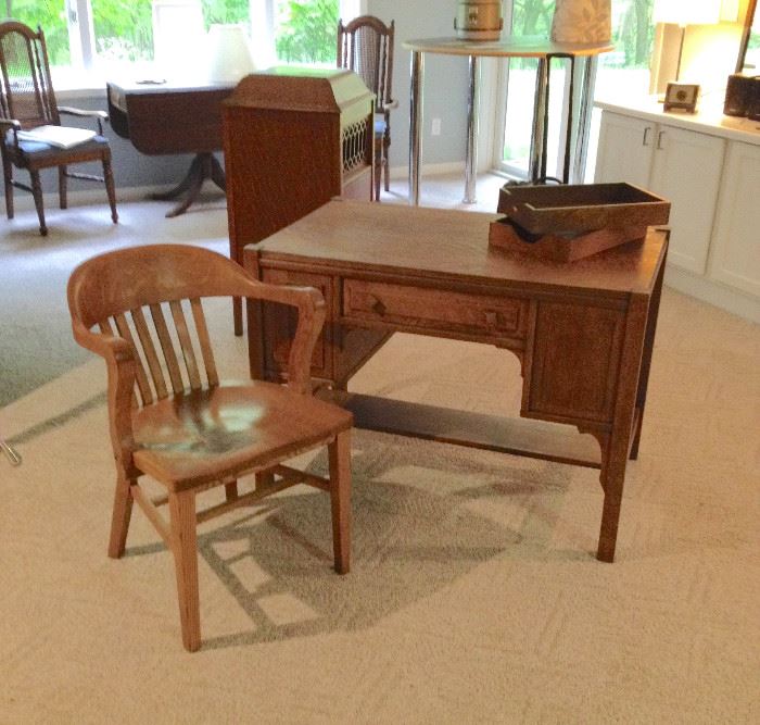 Oak Mission Style Desk with Bookshelves on Ends & Oak Library Chair