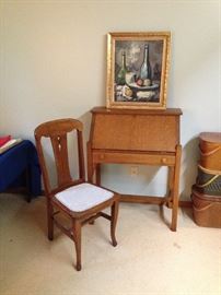 Antique Mission Style Oak Secretary and Upholstered Chair; Mid-Century Still Life Oil Painting; and Assorted Picnic Baskets