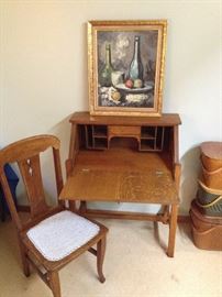 Antique Mission Style Oak Secretary (opened) and Upholstered Chair; Mid-Century Still Life Oil Painting; and Assorted Picnic Baskets