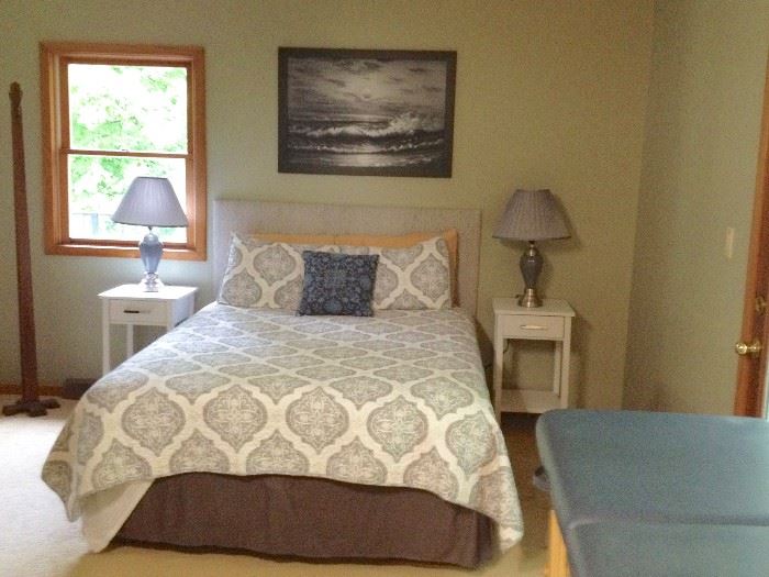 Queen Bedding; Mattress Foundation & Frame; Upholstered Headboard; Pair of White Painting Night Stands; Match Lamps; Monochromatic Gray/Black Tone Beach Scene