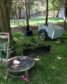 Fire pit, hose cart, trailer for lawn mower, snowblower and plow for lawn mower as well!  Time to stock up!