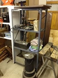 Vintage Drills, toolboxes, shelving, workmate bench and heater!