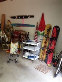 Retro kitchen cart, snow boards, repurposed water skis to hang your coat on and more!!