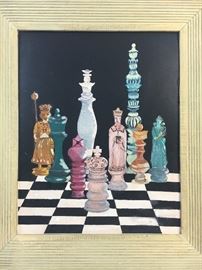 Mid-Century Modern Surrealism Oil on Board Chess Painting