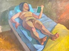 Mid-Century Reclining Nude Oil on Canvas Painting