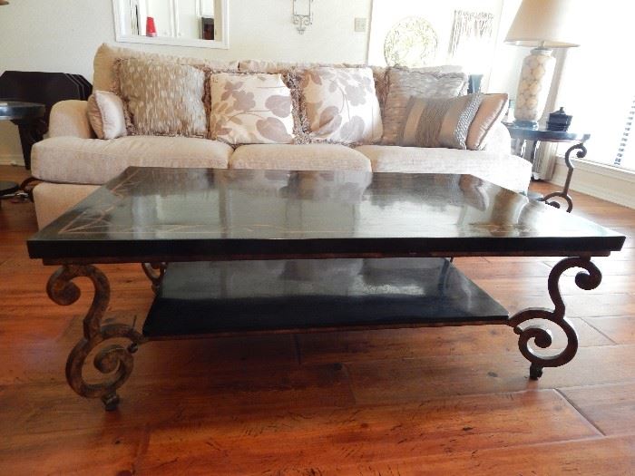 Marble and Wrought Iron Coffee Table with Inlay