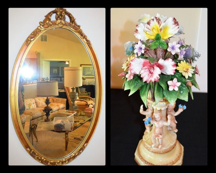 Antique gilded mirror and Italian capodiamonte