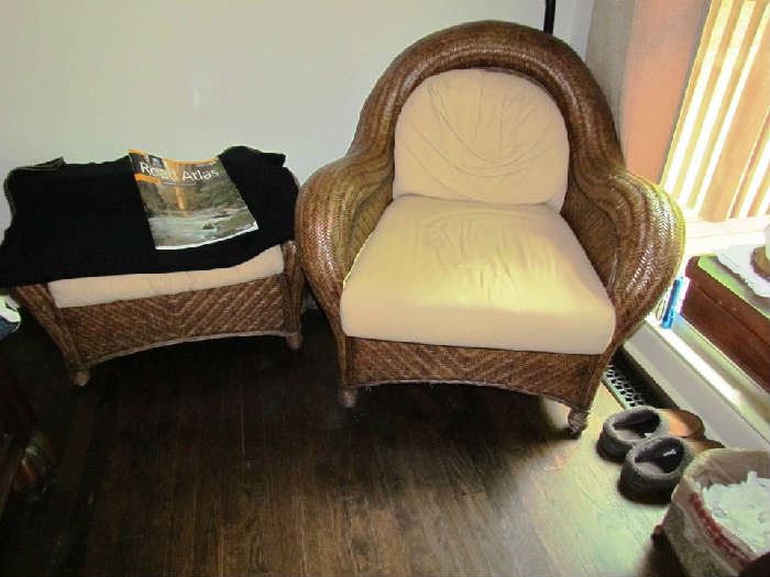 Wicker armchair with matching hassock