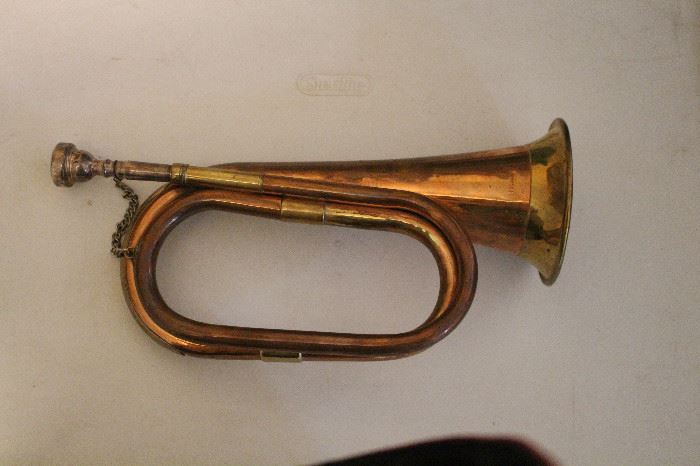 brass bugle, real instrument, not just decoration! You can rally the troops!