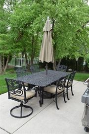 Outdoor Wrought Iron Patio Set with Six Chairs and Umbrella