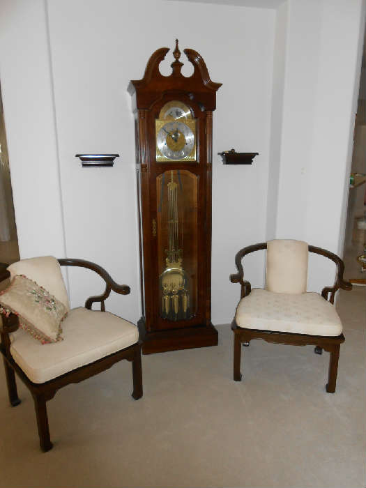 Ridgeway Grandfather clock and white chairs