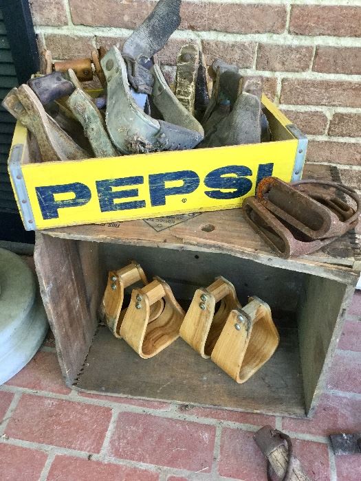 Vintage pepsi box, wooden stirrups, horse tack