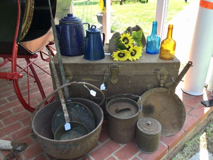 Several of these items have provenance to Daniel Boones summer home! Vintage trunk, antique cookware, vintage apothecary