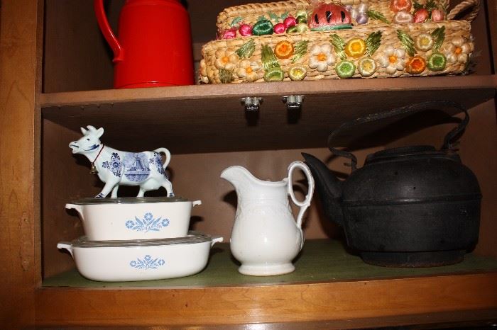 More vintage glassware, cast iron tea kettle