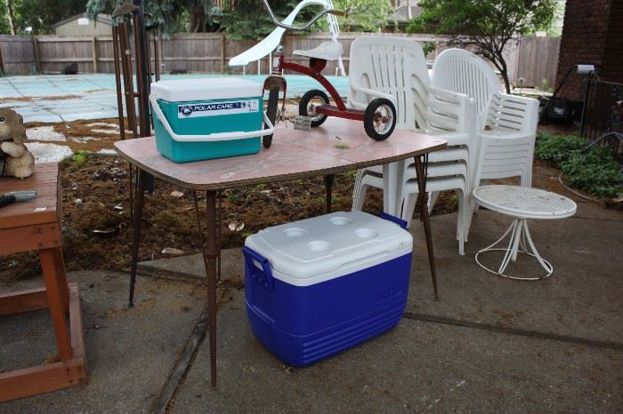 Vintage table, coolers, chairs