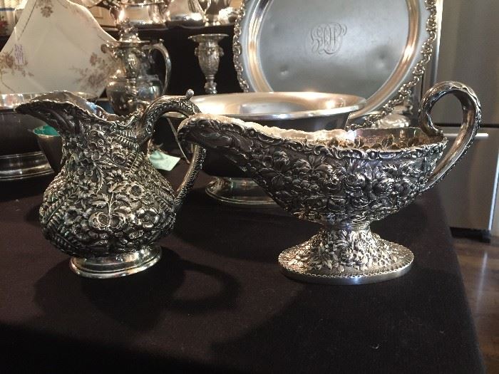 Repousse Sterling Silver Creamer and Gravy Boat