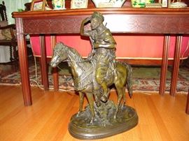 Antique Bronze of Arab Huntsman on Horseback, by Ferdinand Pautrot, a French artist, 1832 - 1874. Nice patina and 30 inches high and base measures 20 inches, very detailed.