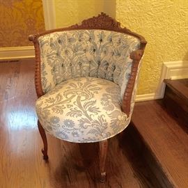 Lot#32 small Antique carved tufted side chair with Fortuny upholstery 750.00 (Originally 1800.00)