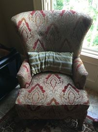There are two red and gold wingback chairs available during presale. Each beautiful and comfortable chair is 31 1/2" across and has wood legs. Price: $150 each or $300 for the pair of chairs. 