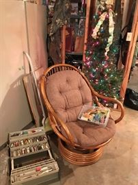 Tackle box, Vintage Rattan Chair, Christmas Tree