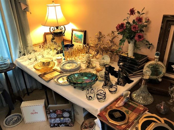 Spode Plates - Blue Room Collection, Vintage drinking Glasses, Gold Leaf Sconces, carnival glass, etc.