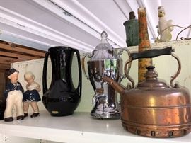 English copper kettle, Hagar vase 