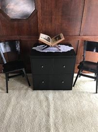 Farmhouse Chairs with vintage black paint. Set of four. Black file cabinet .